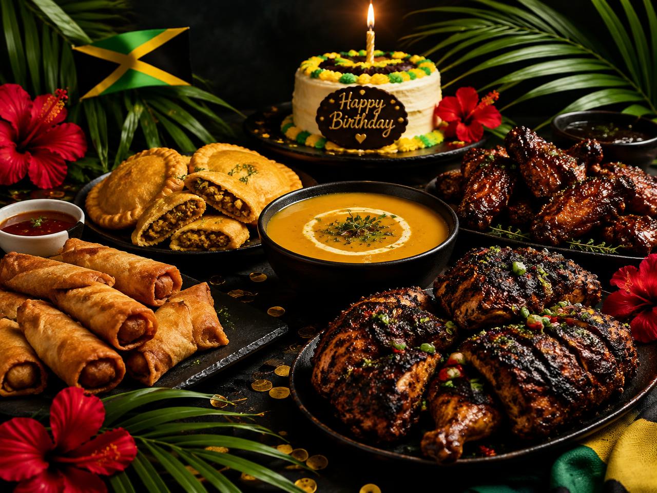 Jamaican birthday spread with eggrolls, patties, jerk wings, jerk chicken, pumpkin soup and a birthday cake